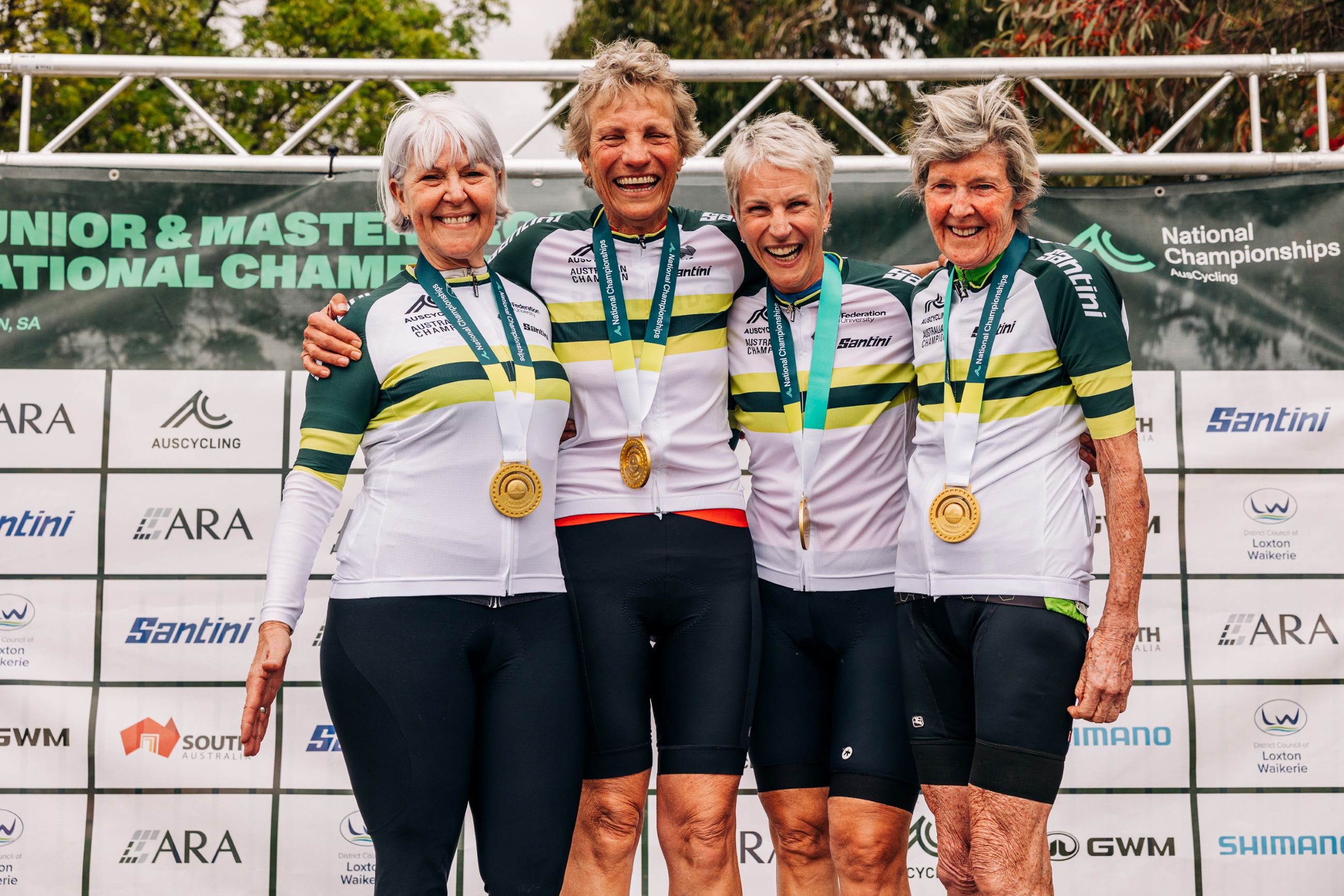 The winners of the women's masters 6, 7, 8, 9 on the podium after the road race at the 2024 AusCycling Masters and Junior Road National Championships in Loxton